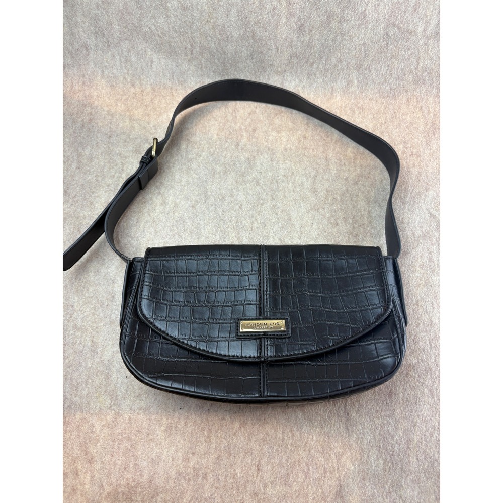 London Fog Black Croc Embossed Vegan Leather Shoulder Bag Baguette Purse